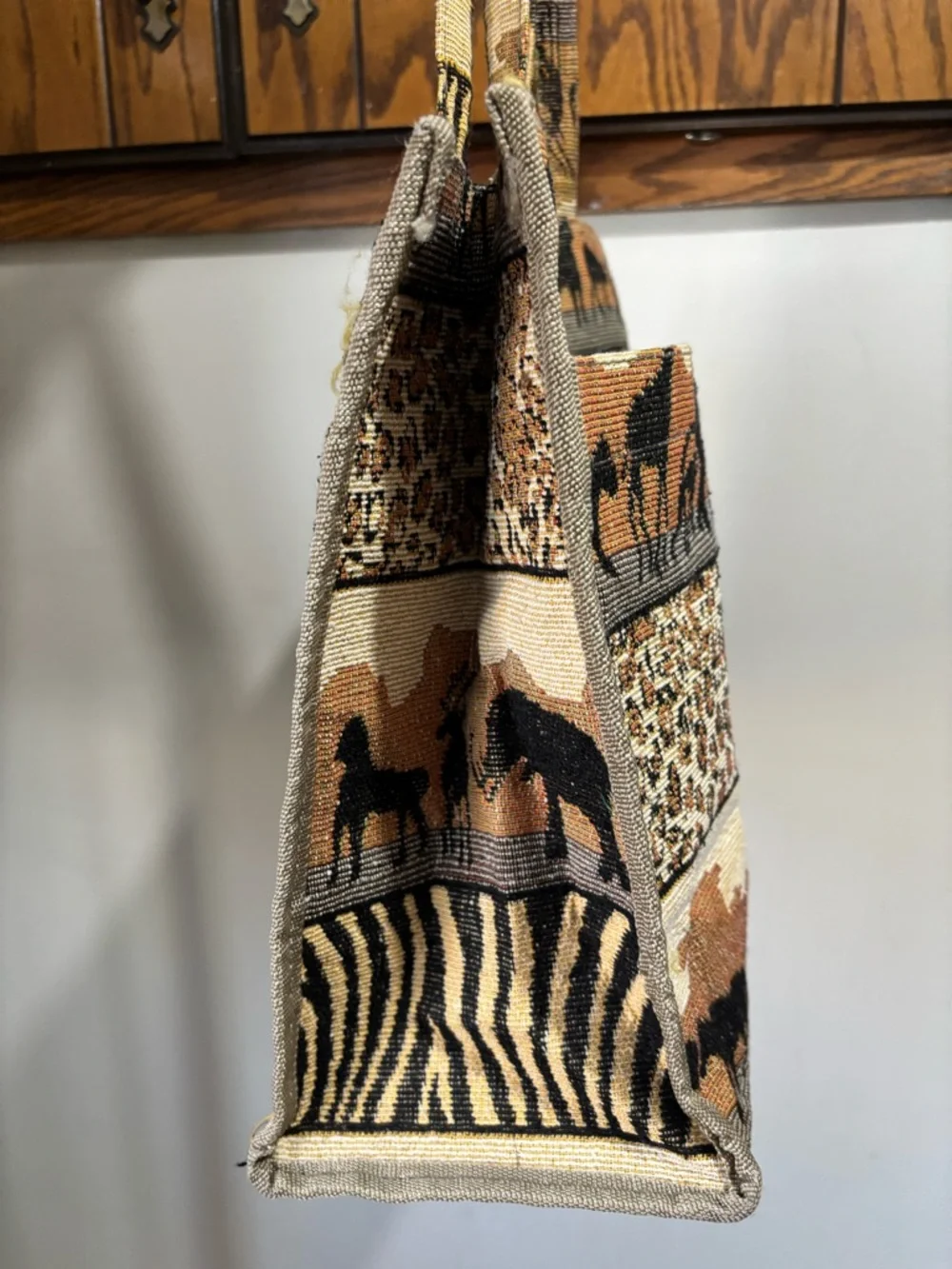 Jade Safari Shoulder Tote in Tan & Brown African Print Elephants Leopard Zebra